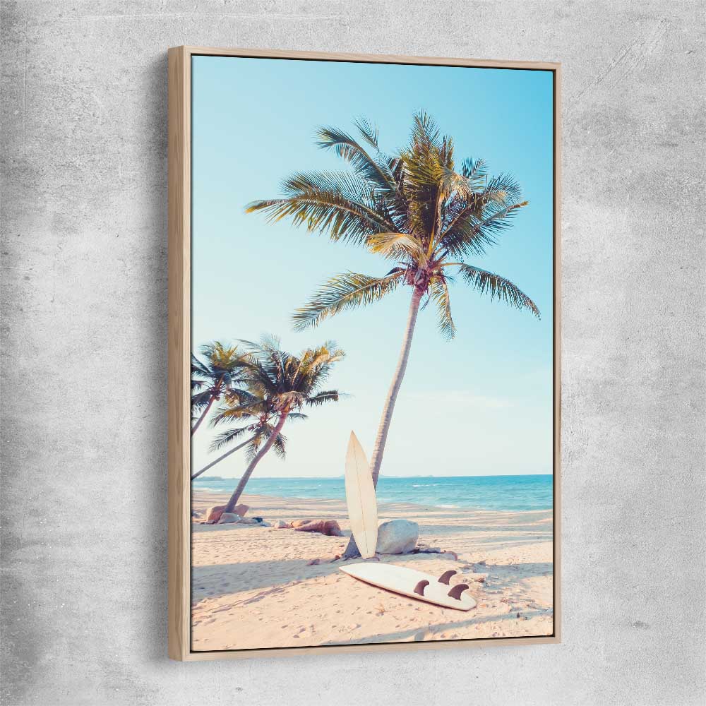 Beach and coastal wall art print of Surfing Break with raw oak framed canvas