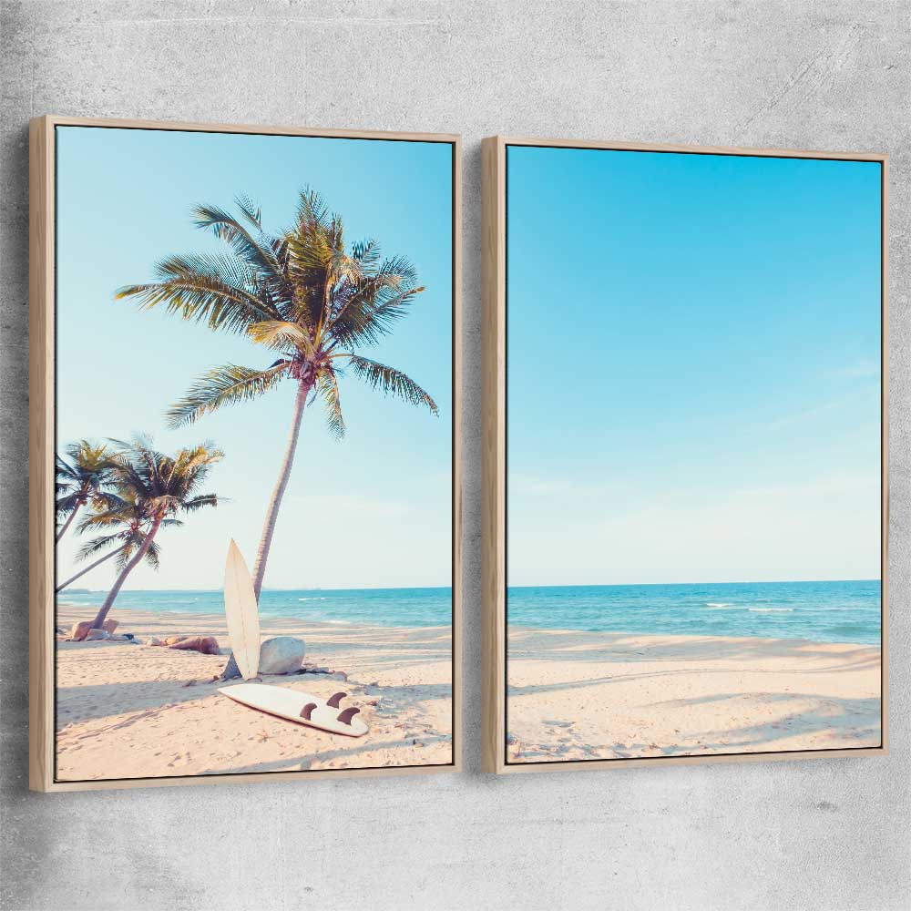 Beach and coastal wall art print of Surfing Break Pair with raw oak framed canvas