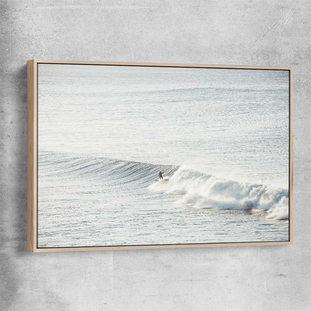 Beach and coastal wall art print of Surfing Waves with raw oak framed canvas