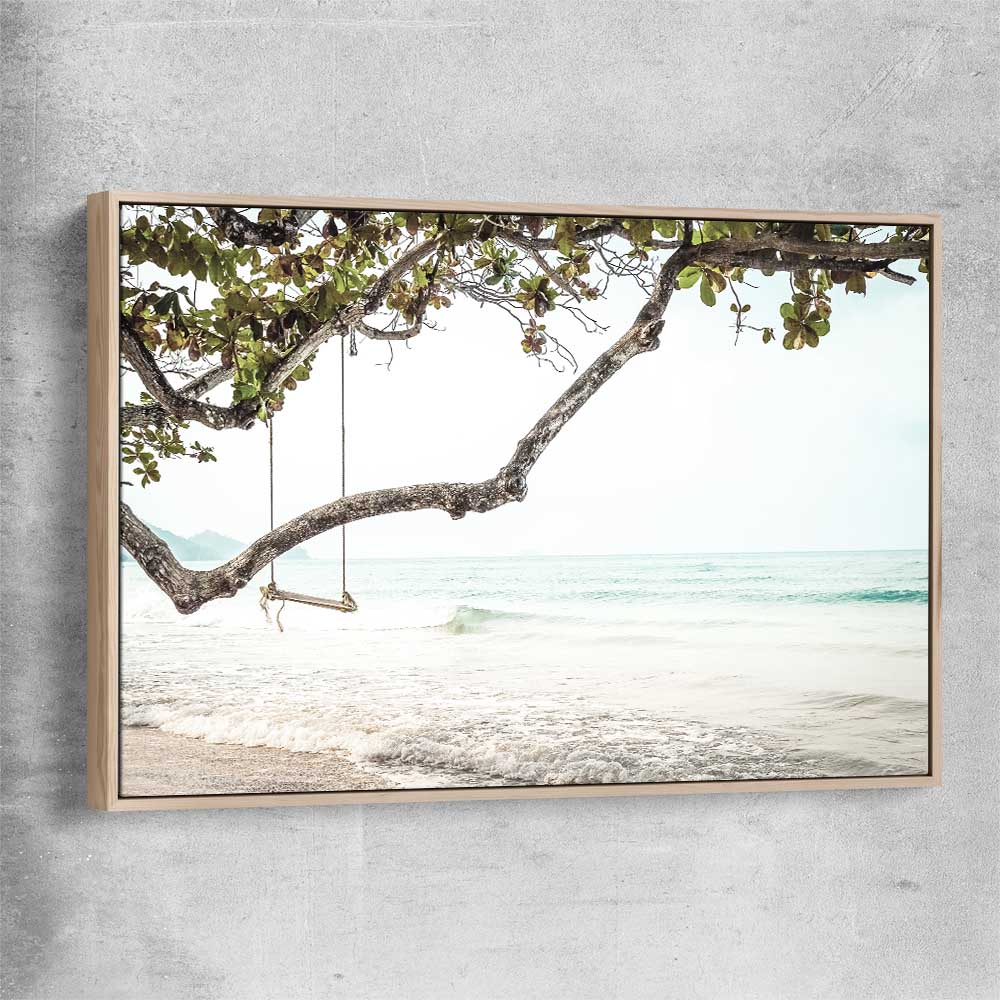 Beach and coastal wall art print of Tropical Beach with raw oak framed canvas