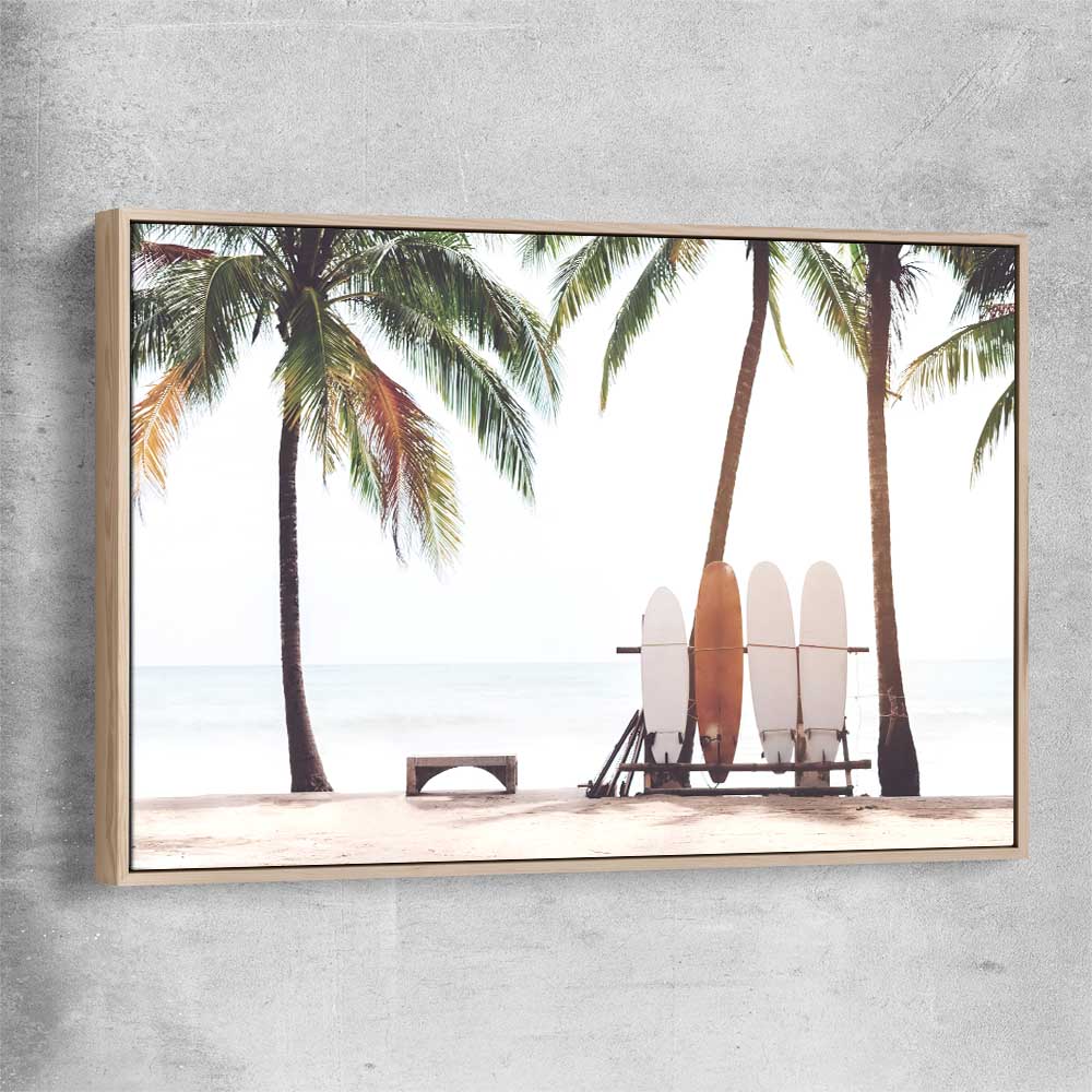 Beach and coastal wall art print of Tropical Boards with raw oak framed canvas