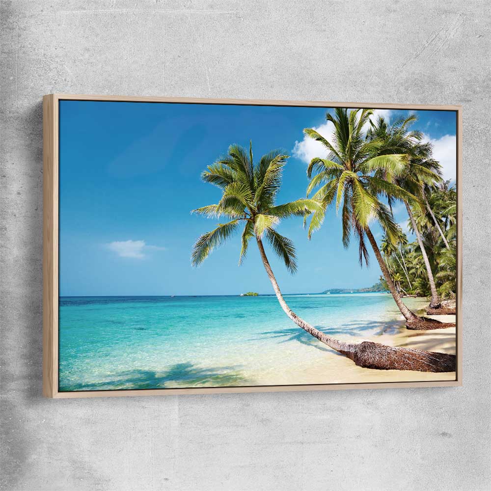Beach and coastal wall art print of Tropical Paradise with raw oak framed canvas