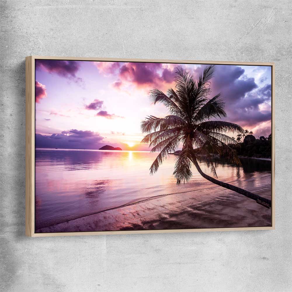 Beach and coastal wall art print of Tropical Sunset with raw oak framed canvas