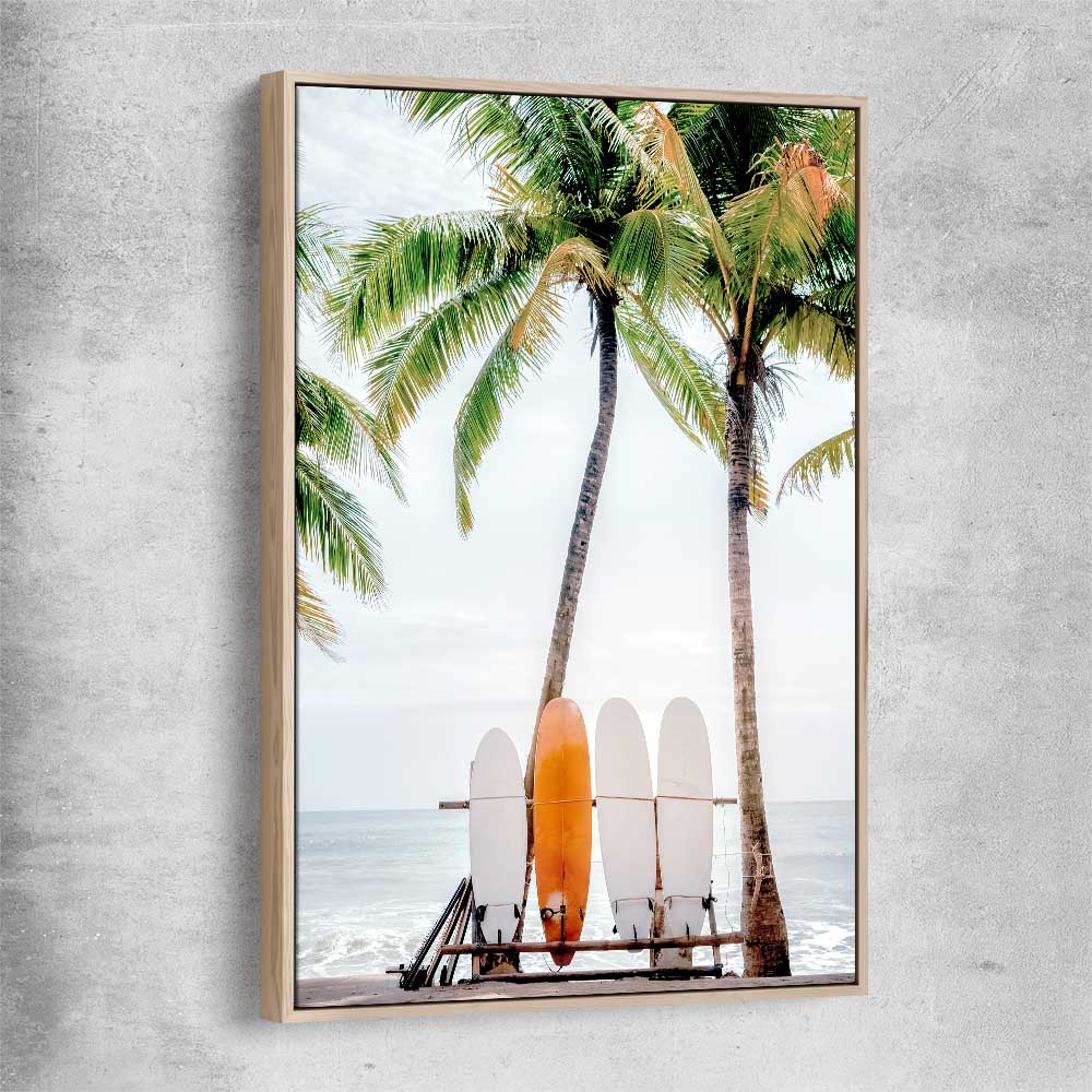 Beach and coastal wall art print of Tropical Surf with raw oak framed canvas