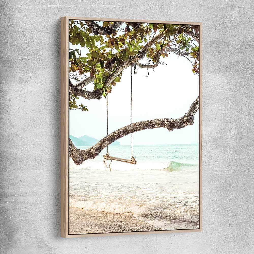 Beach and coastal wall art print of Tropical Swing with raw oak framed canvas