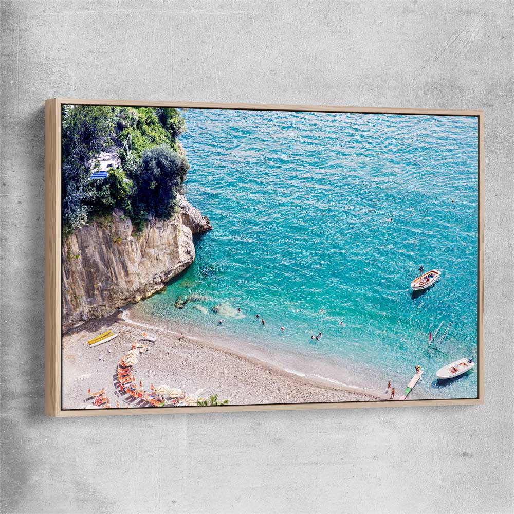 Beach and coastal wall art print of Turquoise Waters with raw oak framed canvas