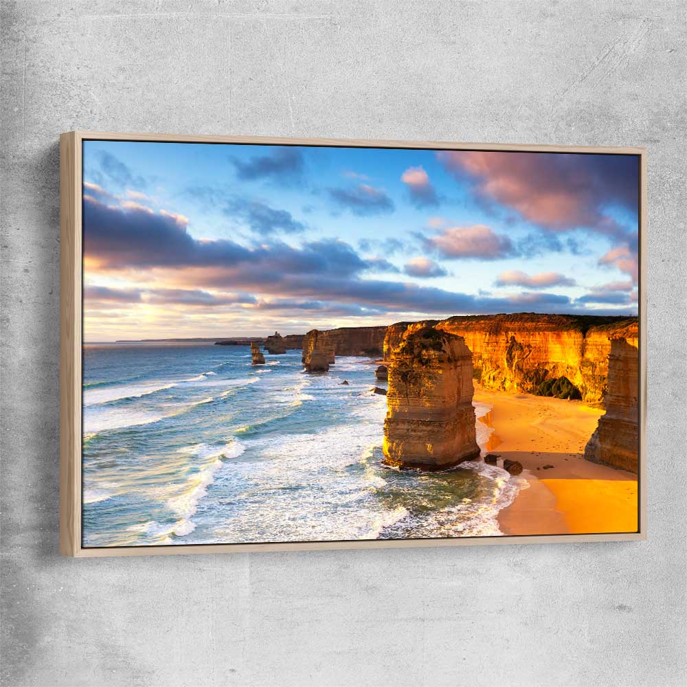 Beach and coastal wall art print of Twelve Apostles with raw oak framed canvas