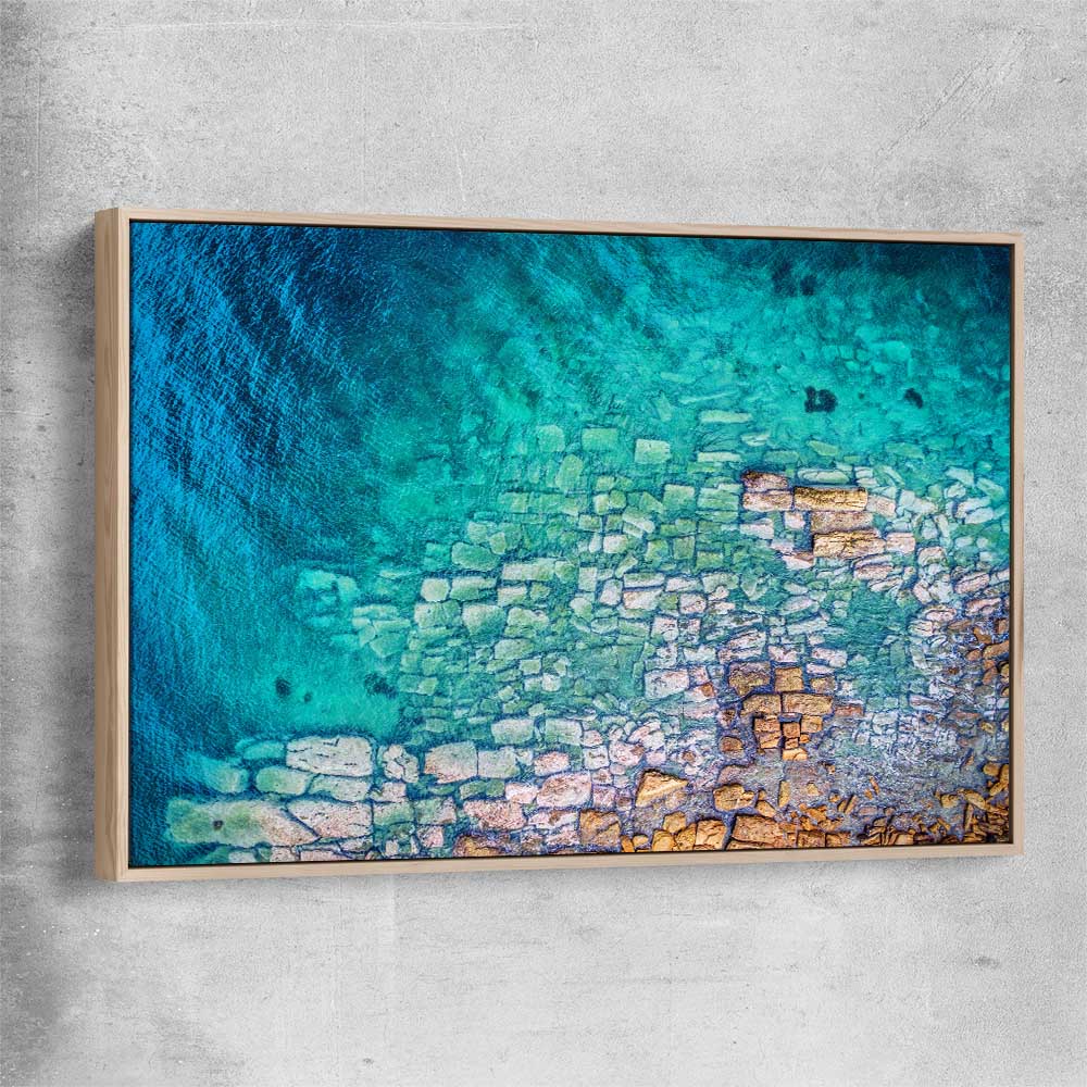 Beach and coastal wall art print of Watsons Bay Rocks with raw oak framed canvas