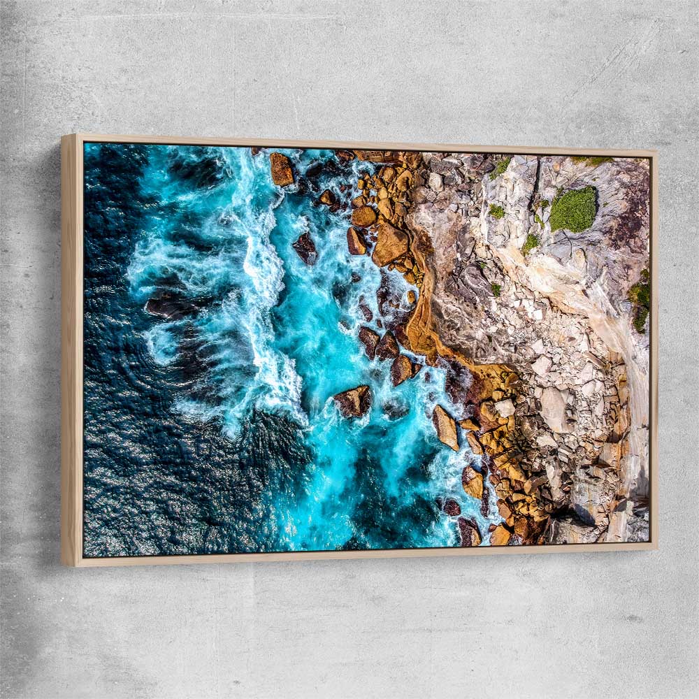 Beach and coastal wall art print of Watsons Bay Waves with raw oak framed canvas