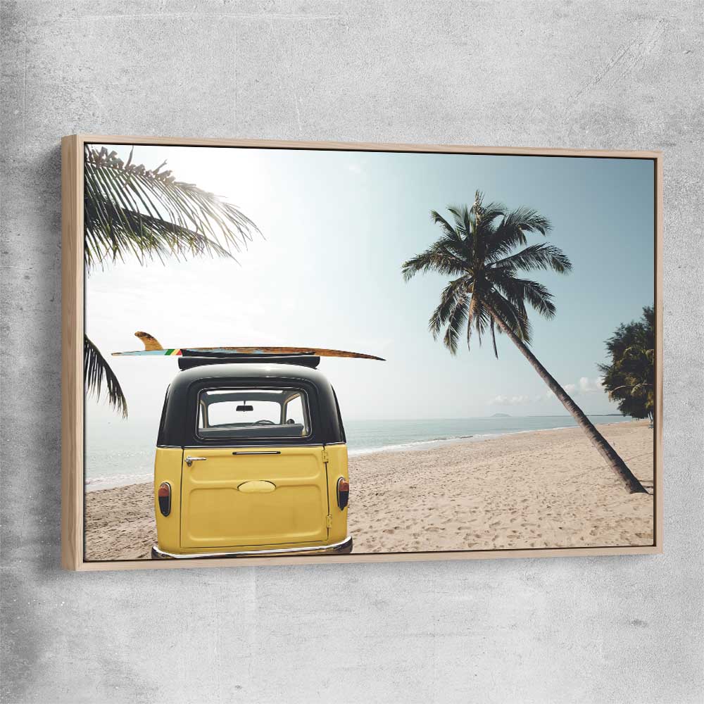 Beach and coastal wall art print of Yellow Combi Surf with raw oak framed canvas