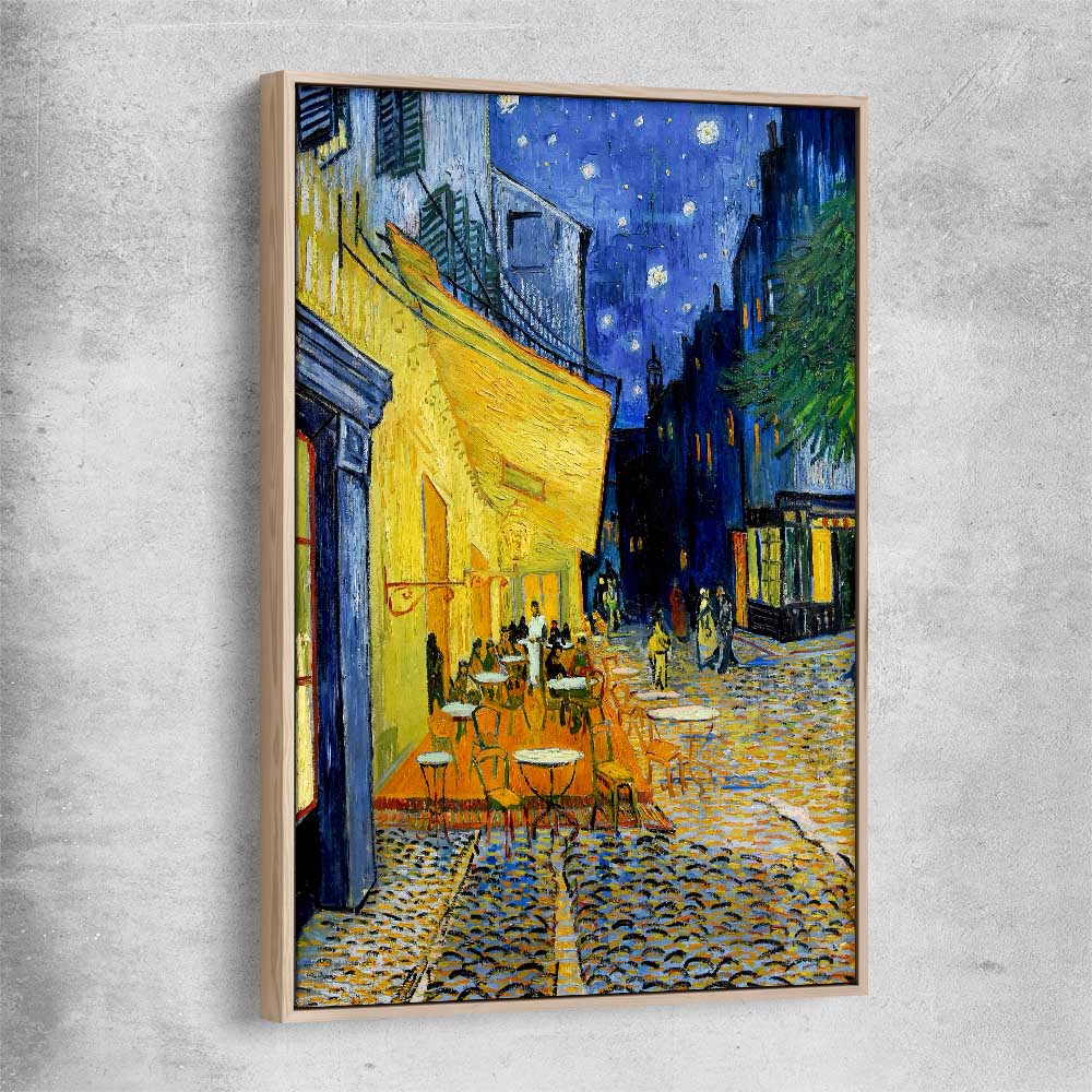 Classic wall art and canvas print of Cafe Terrace Van Gogh with raw oak framed canvas