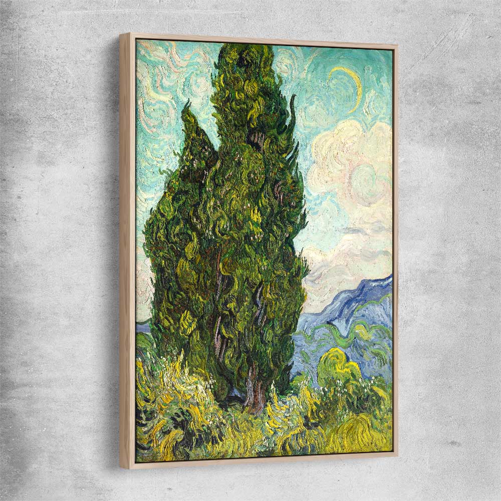 Classic wall art and canvas print of Cypresses Van Gogh with raw oak framed canvas