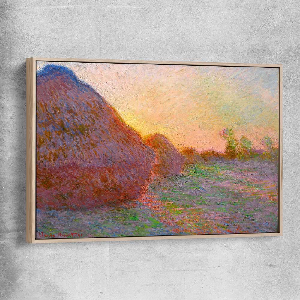 Classic wall art and canvas print of Haystacks Claude Monet with raw oak framed canvas
