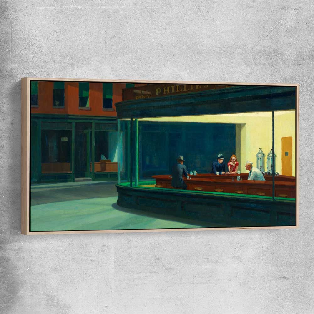 Classic wall art and canvas print of Nighthawks Edward Hopper with raw oak framed canvas