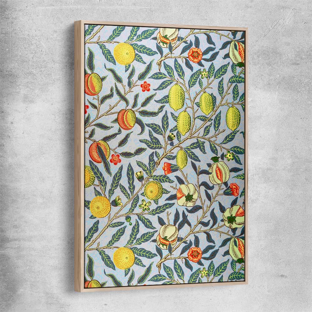 Classic wall art and canvas print of Pomegranate William Morris with raw oak framed canvas