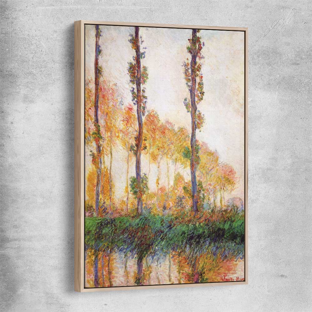 Classic wall art and canvas print of Poplars Claude Monet with raw oak framed canvas