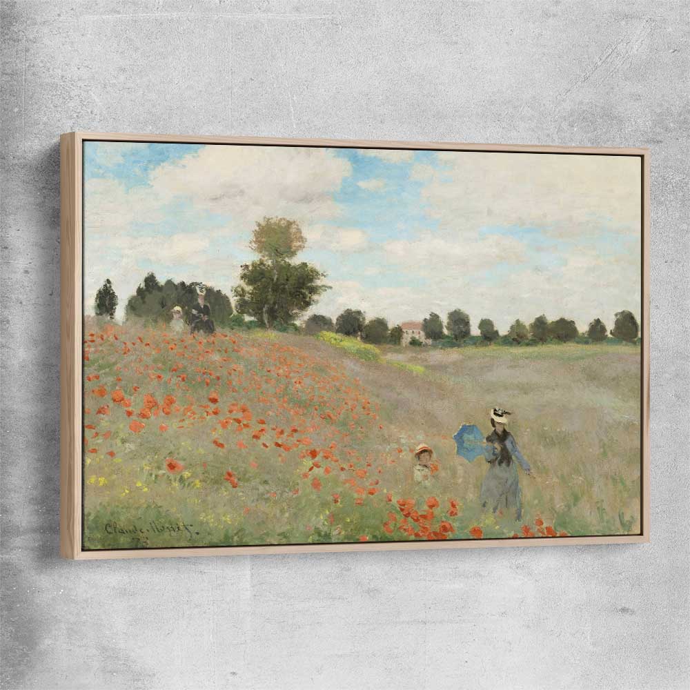 Classic wall art and canvas print of Poppy Field Claude Monet with raw oak framed canvas