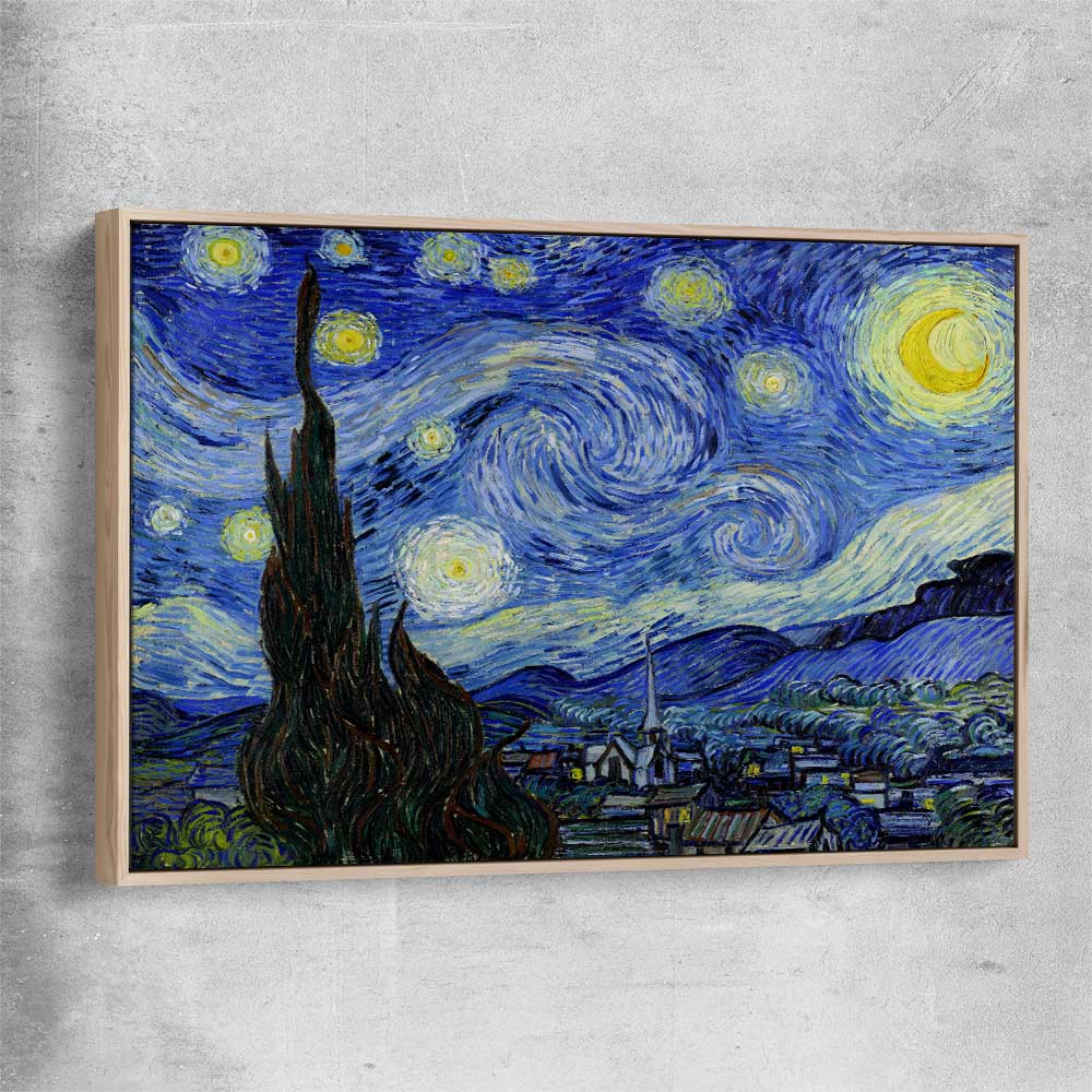 Classic wall art and canvas print of Starry Night Van Gogh with raw oak framed canvas