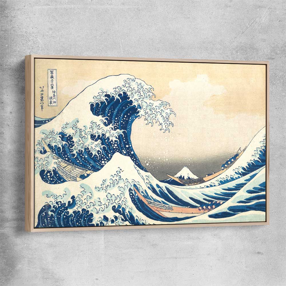 Classic wall art and canvas print of The Great Wave Hokusai with raw oak framed canvas