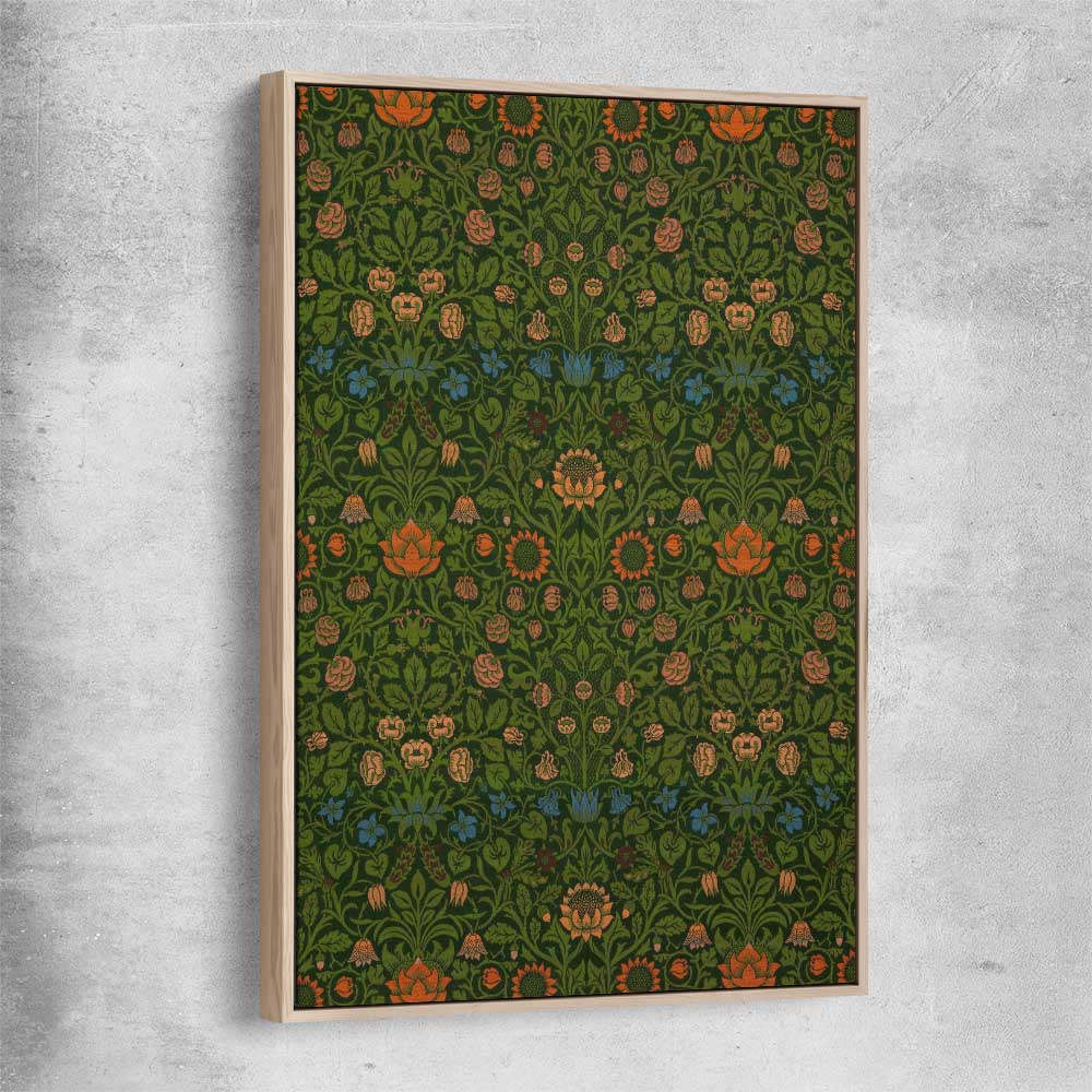 Classic wall art and canvas print of Violet Columbine William Morris with raw oak framed canvas