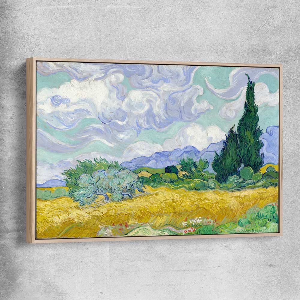 Classic wall art and canvas print of Wheatfield Van Gogh with raw oak framed canvas