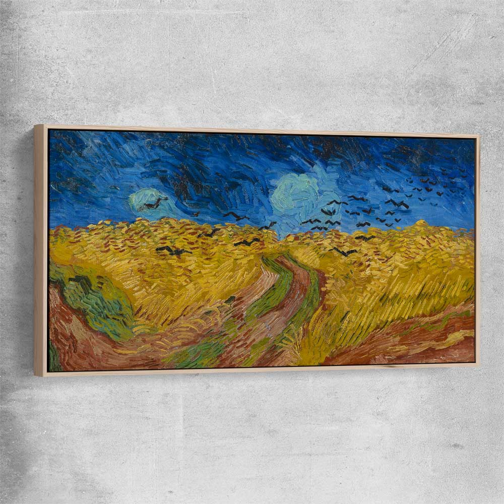 Classic wall art and canvas print of Wheatfield with Crows Van Gogh with raw oak framed canvas