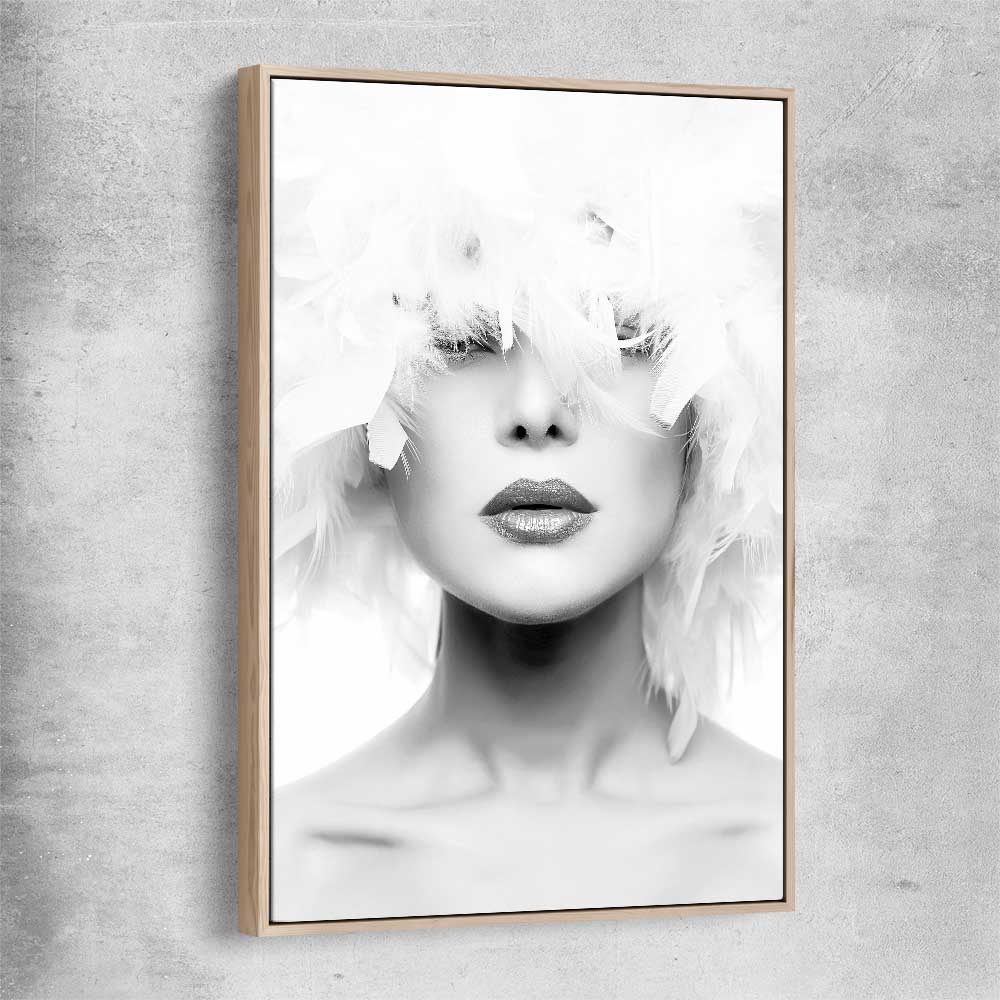 Feather Lips raw oak framed canvas - part of our high quality fashion canvas wall art and prints collection