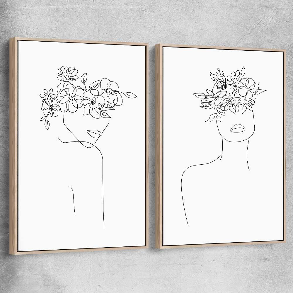 Floral Beauty Pair raw oak framed canvas - part of our high quality fashion canvas wall art and prints collection
