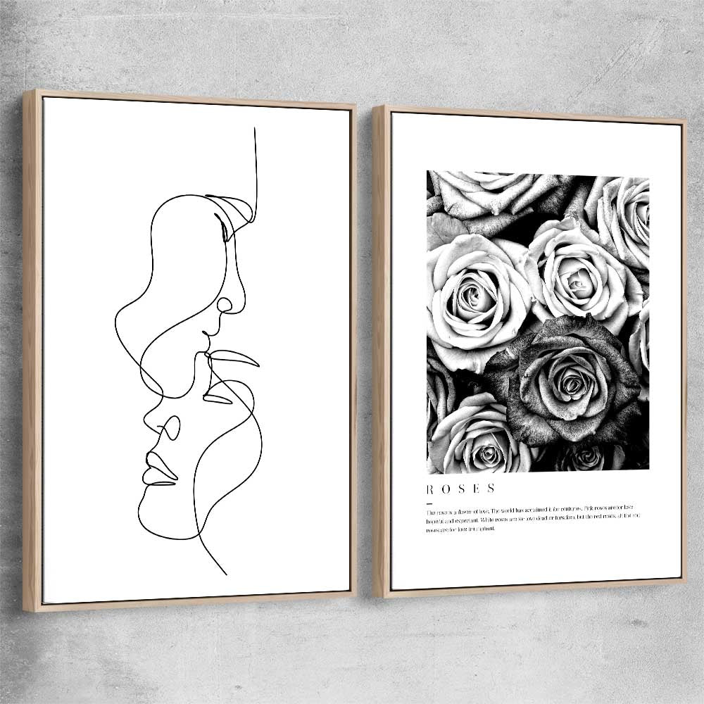 Grey Flowers Pair raw oak framed canvas - part of our high quality fashion canvas wall art and prints collection