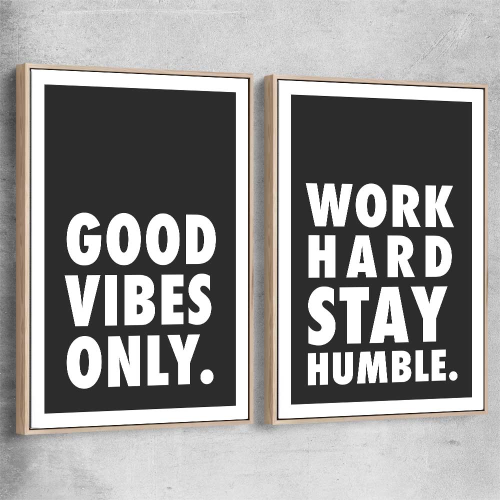 Inspirational wall art print of Good Vibes Pair with raw oak framed canvas
