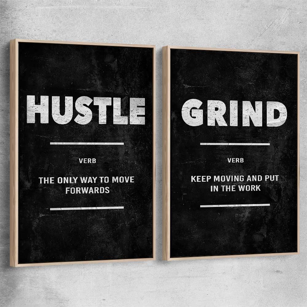 Inspirational wall art print of Hustle Definition Pair with raw oak framed canvas