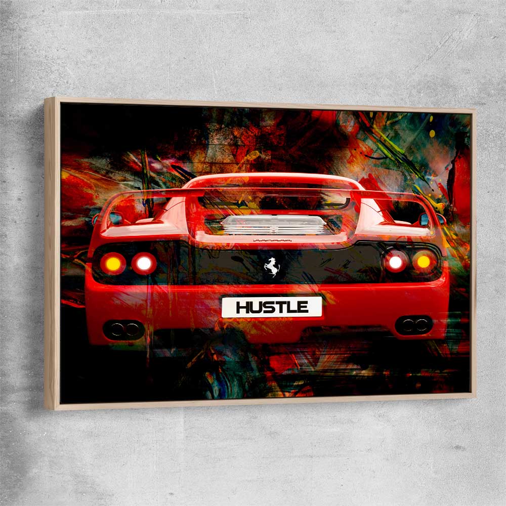 Inspirational wall art print of Hustle Fast with raw oak framed canvas