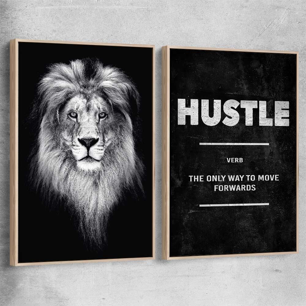 Inspirational wall art print of Lion Gaze Pair with raw oak framed canvas