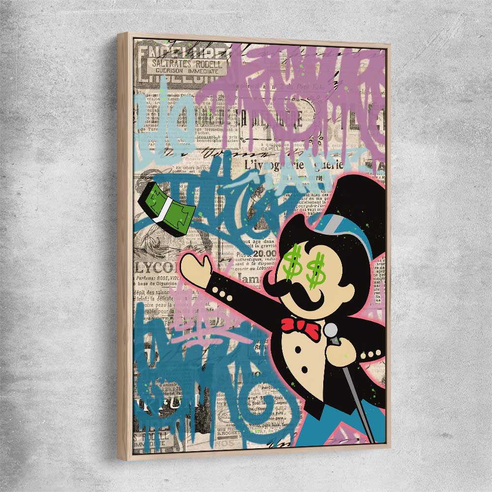 Moneybags Graffiti raw oak framed canvas - part of our high quality fashion canvas wall art and prints collection