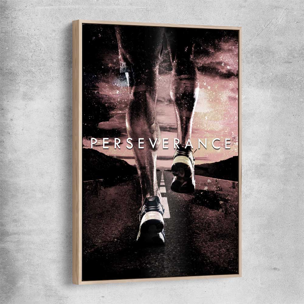 Inspirational wall art print of Perseverance with raw oak framed canvas