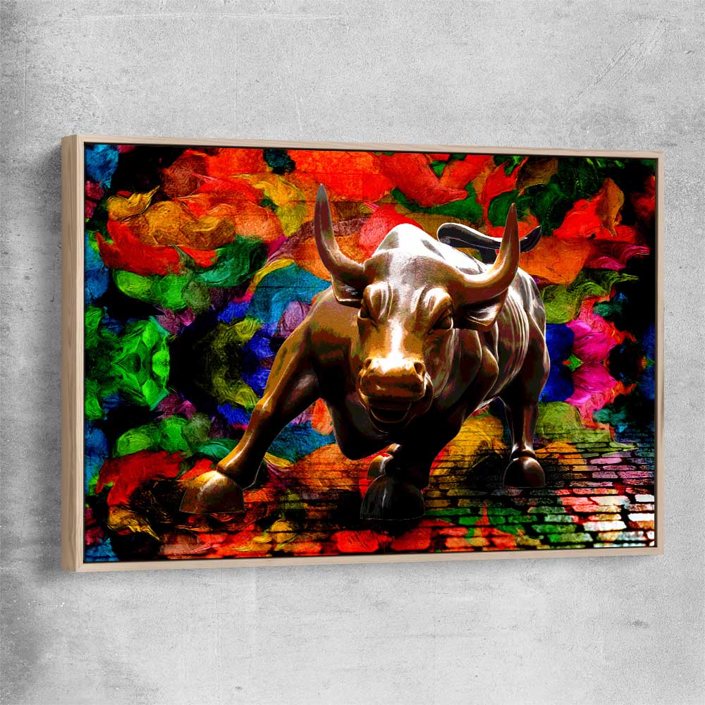 Inspirational wall art print of Raging Bull with raw oak framed canvas