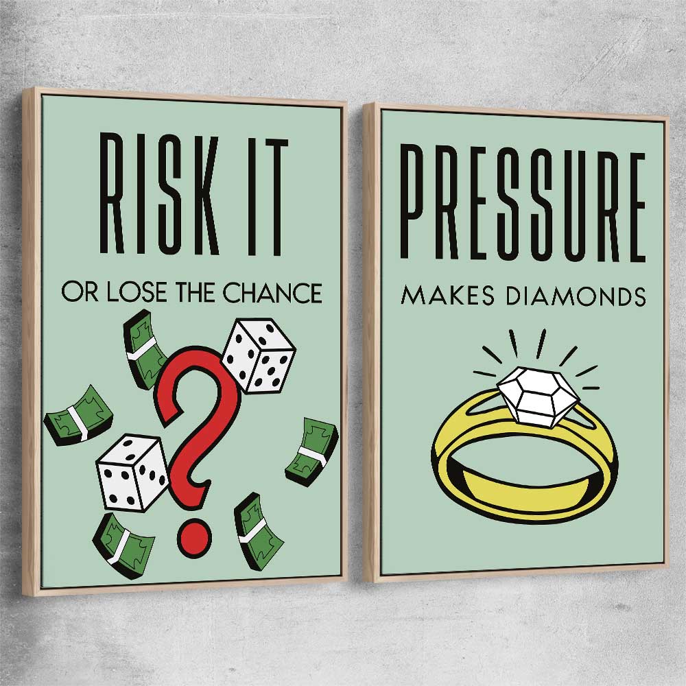 Inspirational wall art print of Roll the Dice Pair with raw oak framed canvas