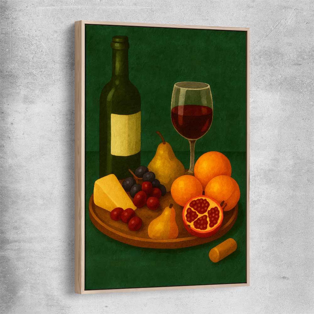 Wine at Dusk One raw oak framed canvas is a colourful and stylish canvas wall art and print suited for the kitchen area