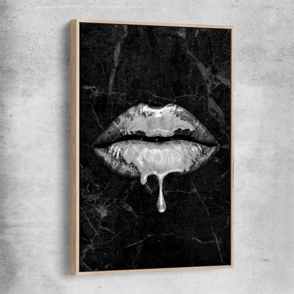 Darkened Lust raw oak framed canvas - part of our high quality canvas lips wall art collection