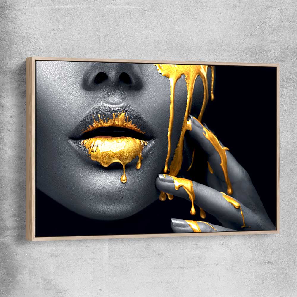 Golden Desire raw oak framed canvas - part of our high quality canvas lips wall art collection