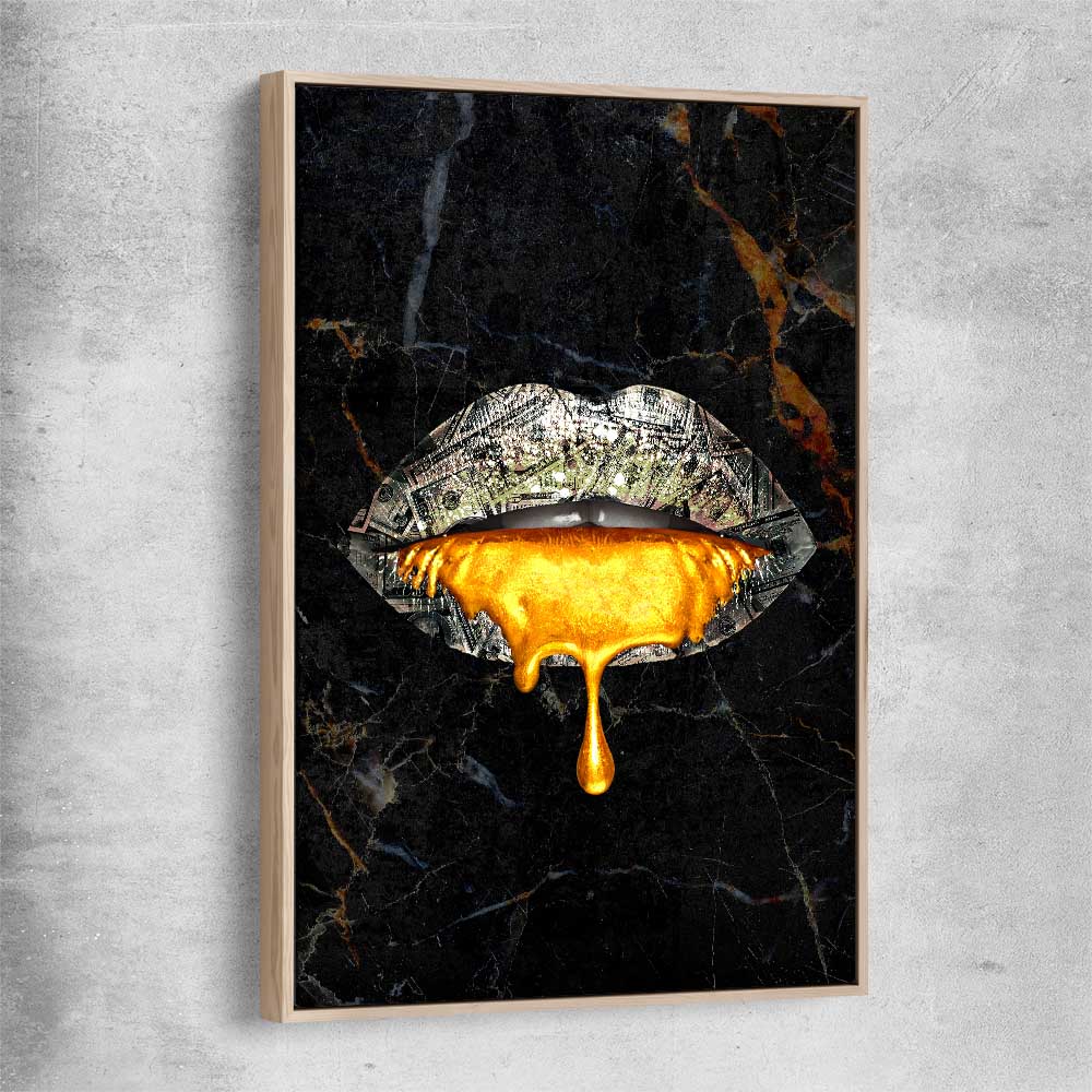 Golden Lust raw oak framed canvas - part of our high quality canvas lips wall art collection