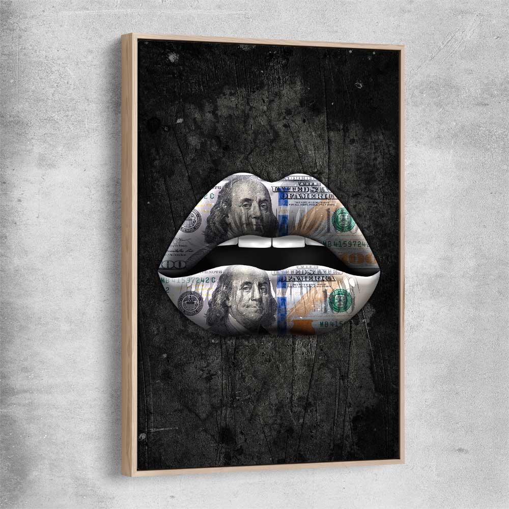Money Lips raw oak framed canvas - part of our high quality canvas lips wall art collection