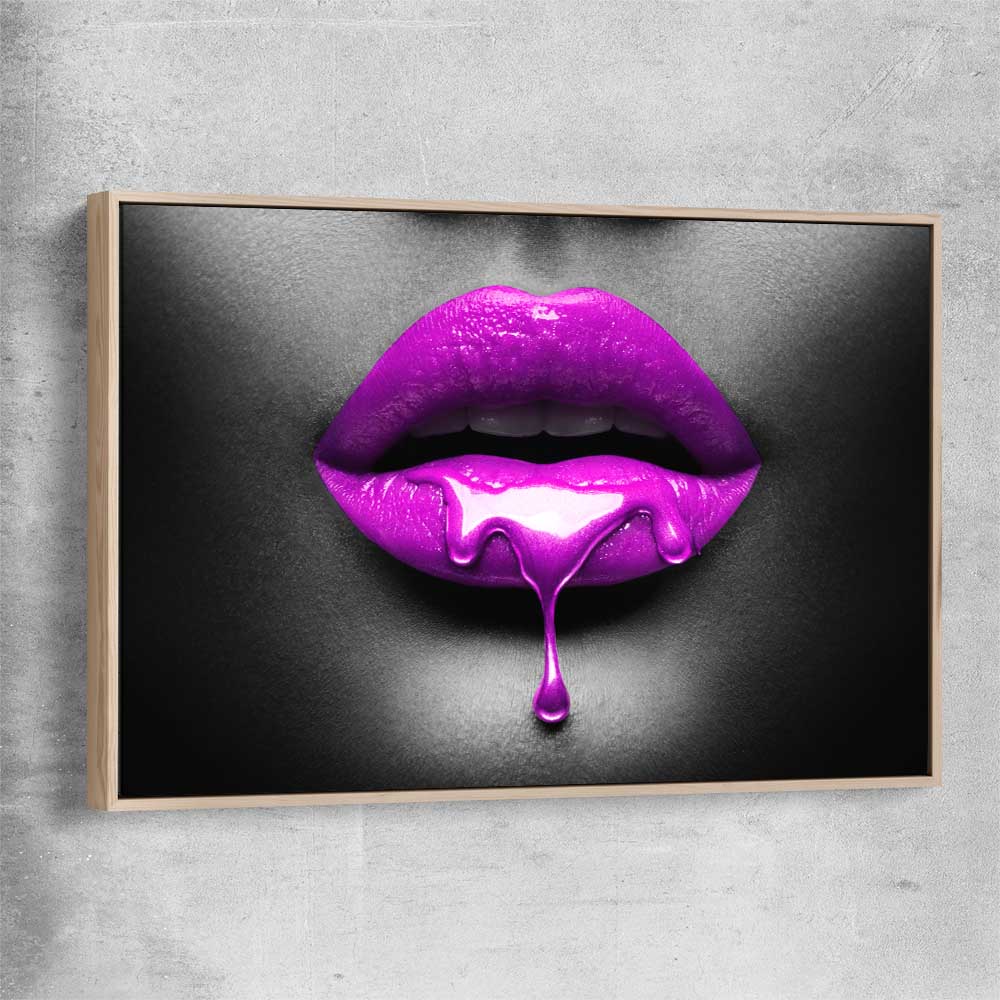 Purple Lust raw oak framed canvas - part of our high quality canvas lips wall art collection