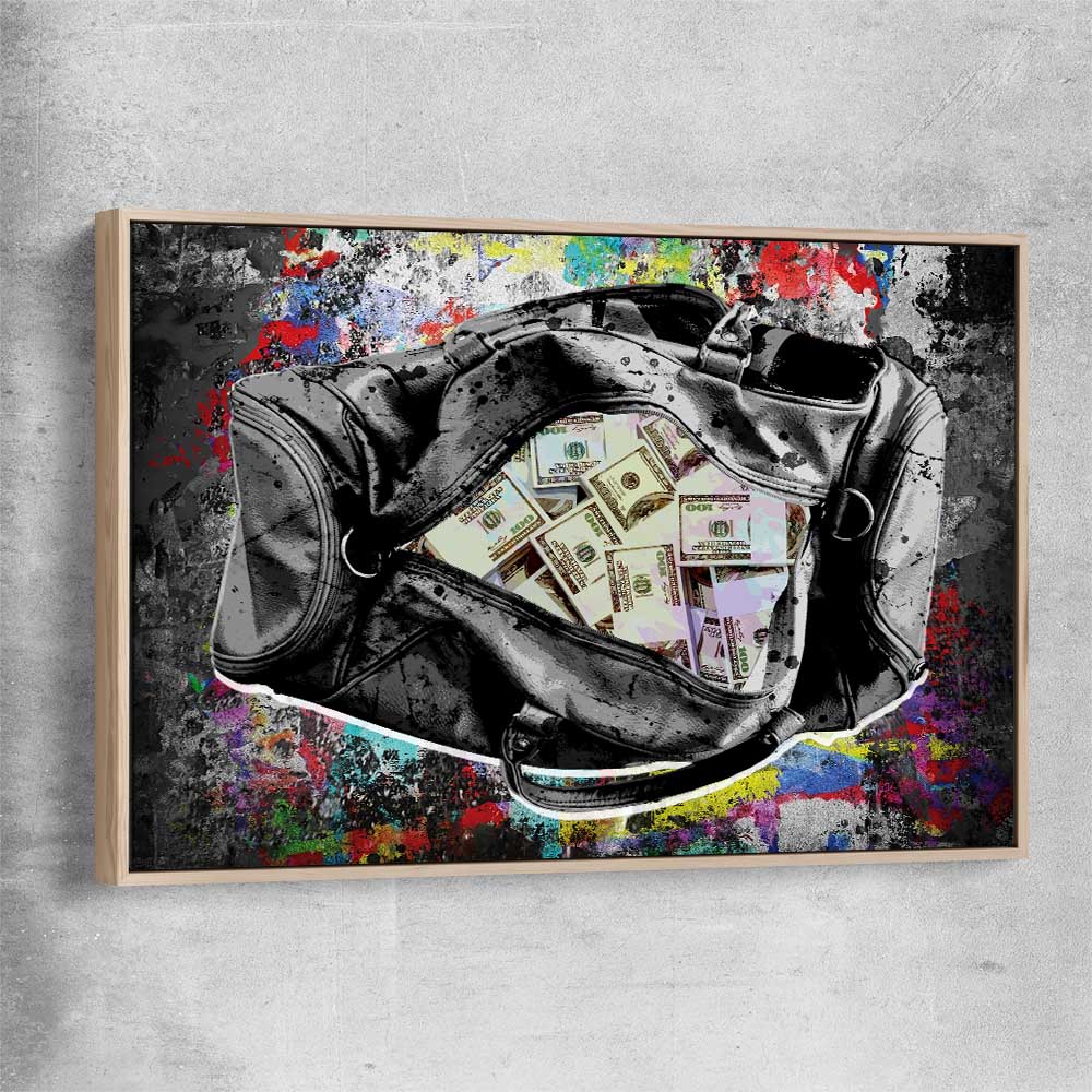 Money wall art print of Cash Duffel with raw oak framed canvas