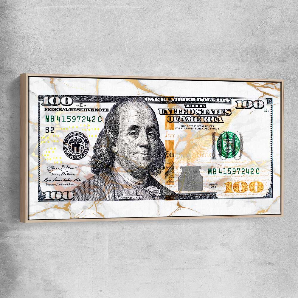 Money wall art print of Marble Bill with raw oak framed canvas