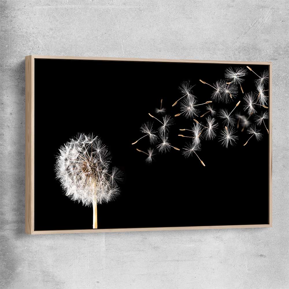 Floral print of Blowing Dandelion with raw oak framed canvas