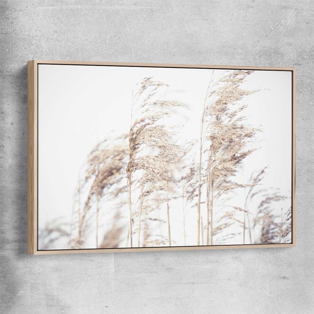 Floral print of Blowing Pampas with raw oak framed canvas