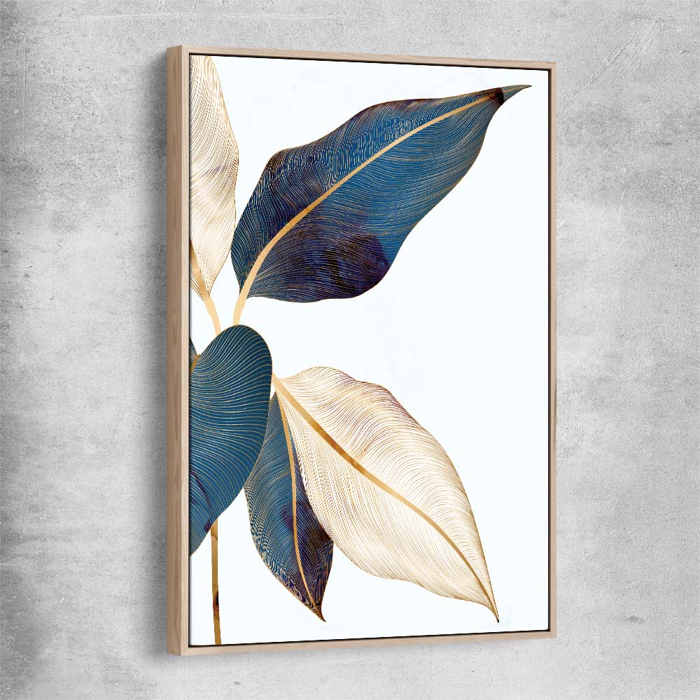 Floral print of Botanic Blue One with raw oak framed canvas