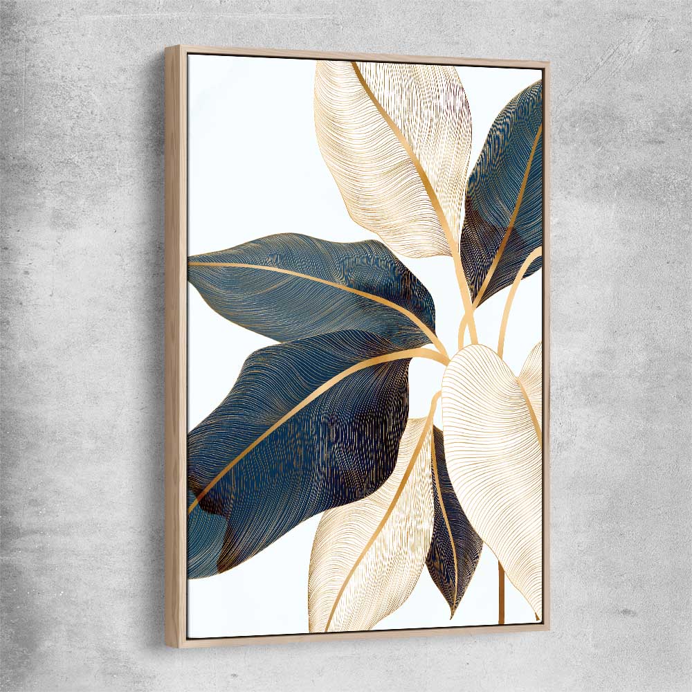 Floral print of Botanic Blue Three with raw oak framed canvas