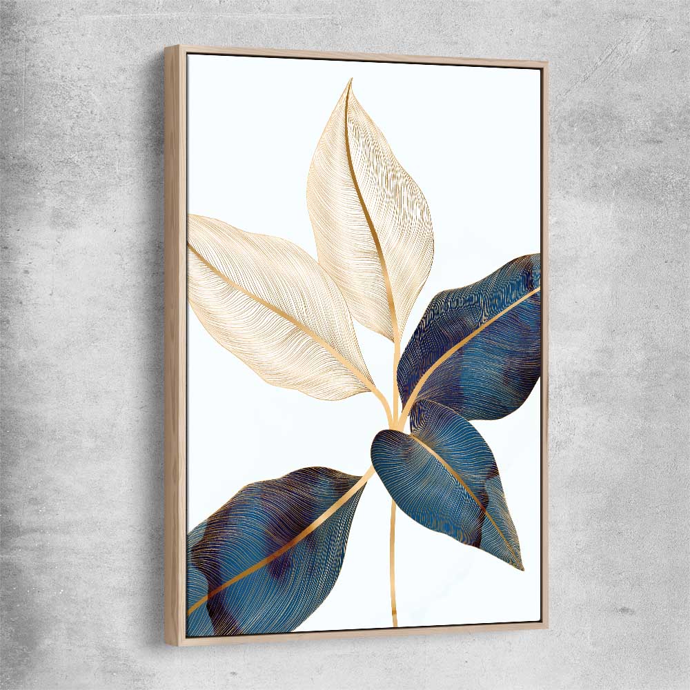 Floral print of Botanic Blue Two with raw oak framed canvas